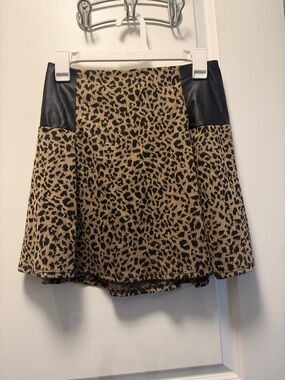 Leopard Print Flared Mini Skirt with Faux Leather Trim - Tan/Black